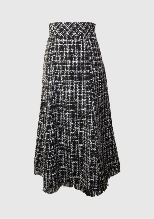 Tweed Fringe Hem High Waist Lace-Up Back Flare Skirt in Black