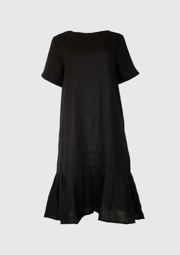 Short Sleeve Linen Dress with Pleated Hem in Black