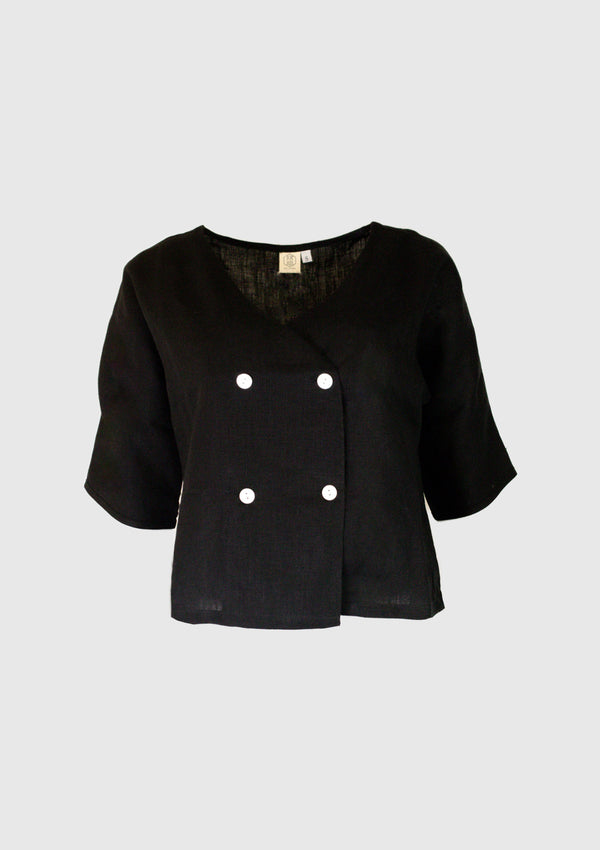 V-Neck Button Linen Jacket in Black