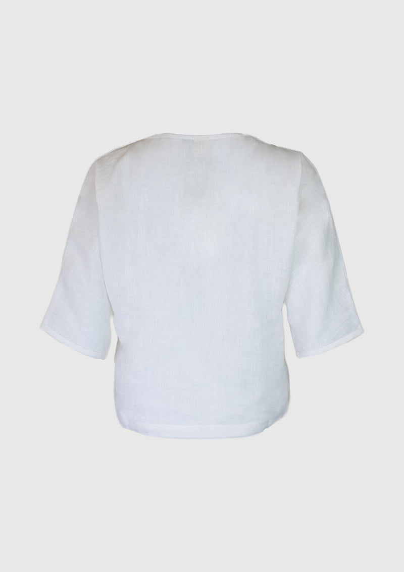V-Neck Button Linen Jacket in White