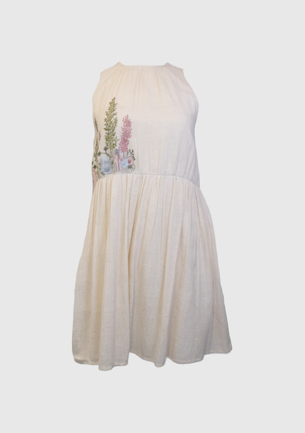 Sea Of Flowers Halter Neck Handwoven Dress in Off White