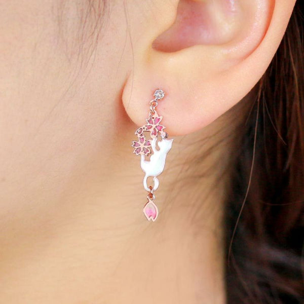 Sakura x Playful Cat Asymmetric Earrings in Pink Gold