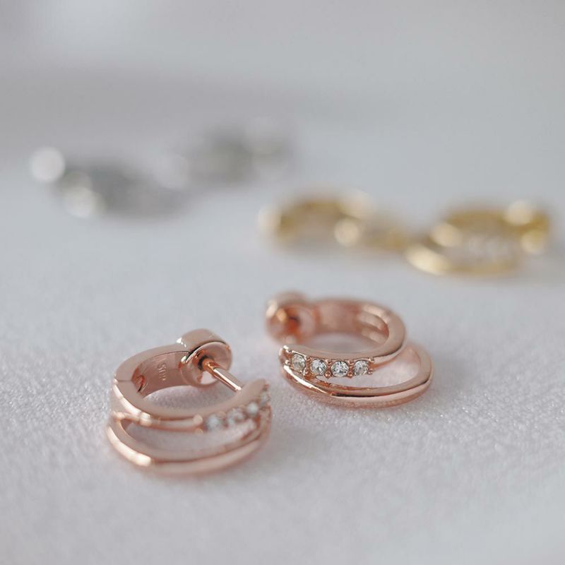 Dual Strand Hinged-Hoop Earrings with Swarovski Crystals in Pink Gold