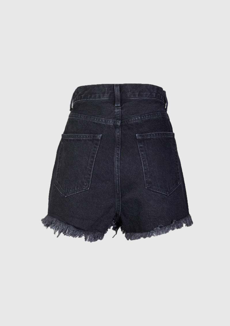 Cotton High Waisted Fringed Hem Denim Shorts in Black