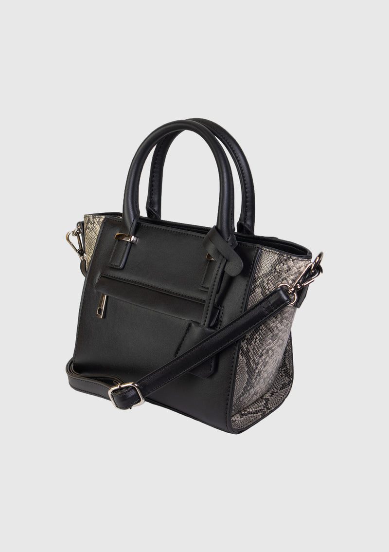 2-Way Python Pattern Trapezoid Handbag in Black