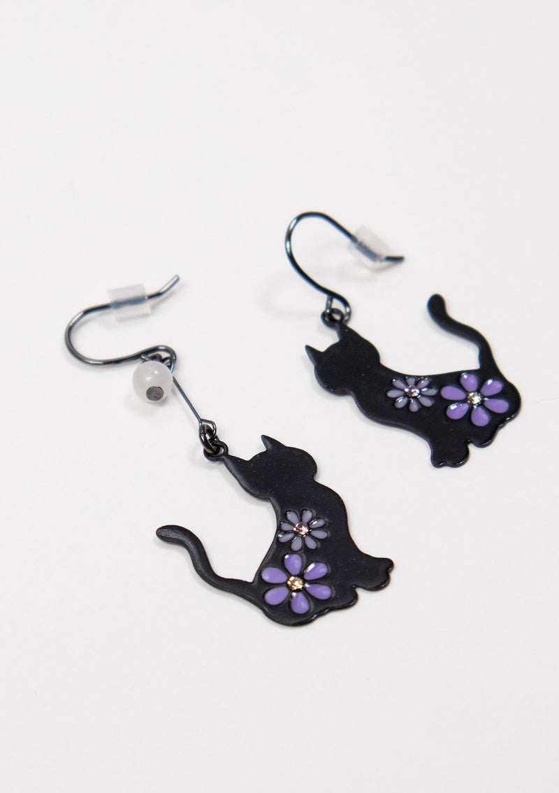 Floral Cat Asymmetric Hook Earrings in Black