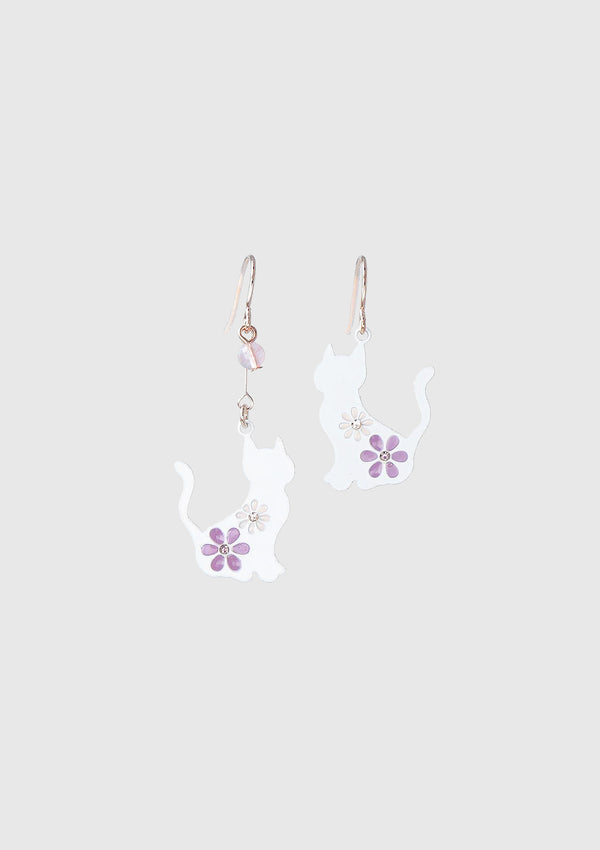 Floral Cat Asymmetric Hook Earrings in White