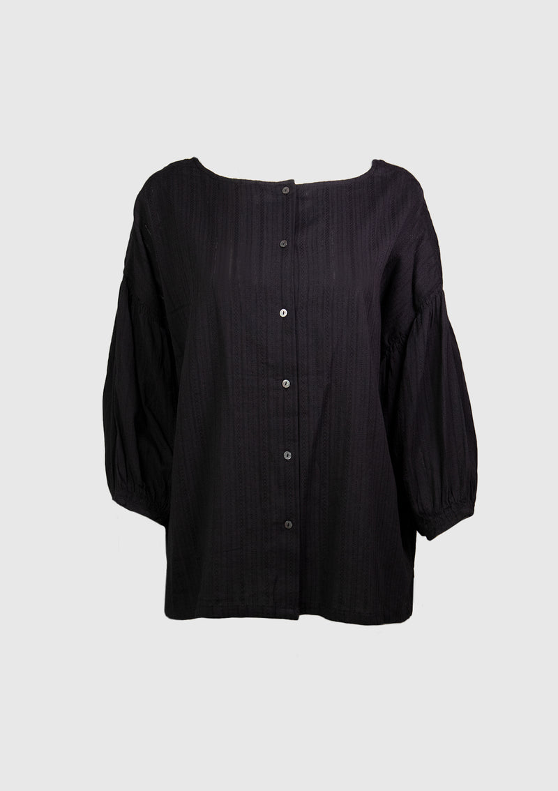 2-Way Drop Shoulder Blouse with Gathered Puff Sleeves in Black
