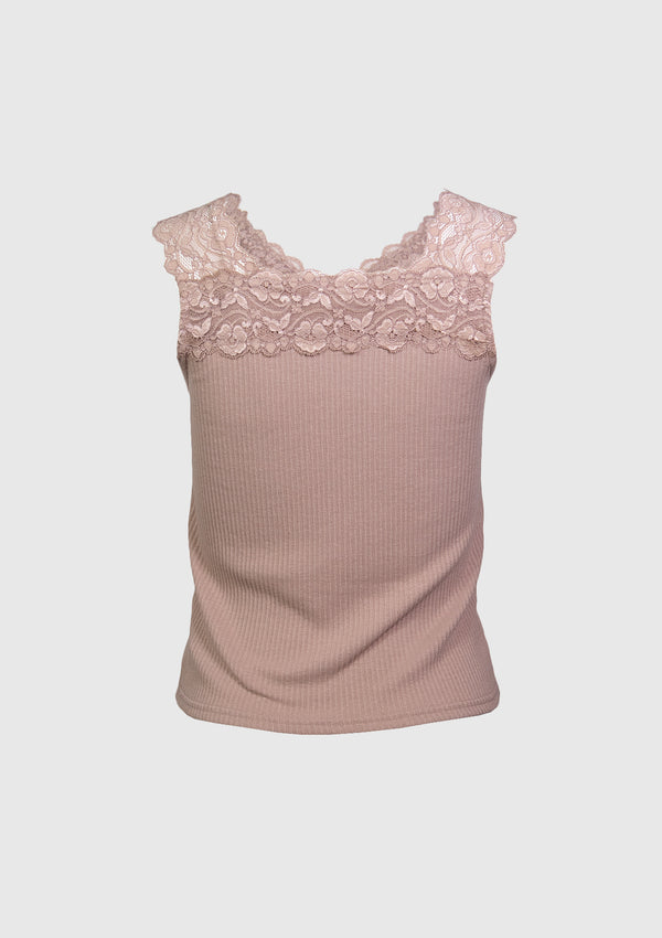 2-Way Lace-Trimmed Tank Top in Beige - LUMINE SINGAPORE