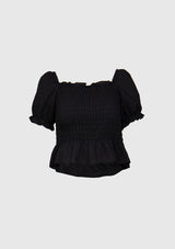 Shirring Square-Neck Short Sleeve Frill Blouse in Black