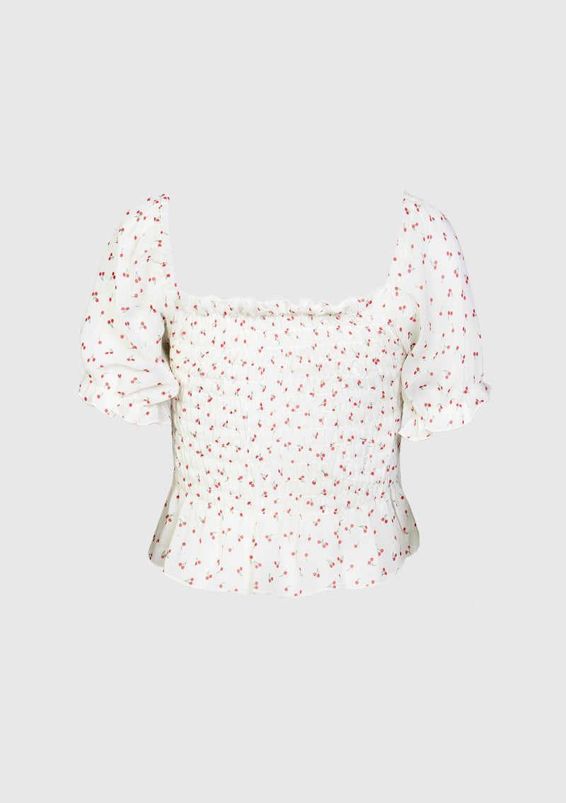 2-Way Smocked Blouse in White Cherry