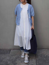 Stand-Collar Gathered Shirt Dress in Off White