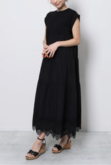 Lace-Hem Tiered Maxi Dress in Black