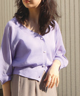 V-Neck Sheer Cardigan with Pearl Buttons in Purple
