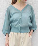 V-Neck Sheer Cardigan with Pearl Buttons in Blue