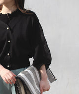 V-Neck Sheer Cardigan with Pearl Buttons in Black