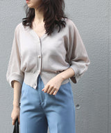 V-Neck Sheer Cardigan with Pearl Buttons in Light Grey