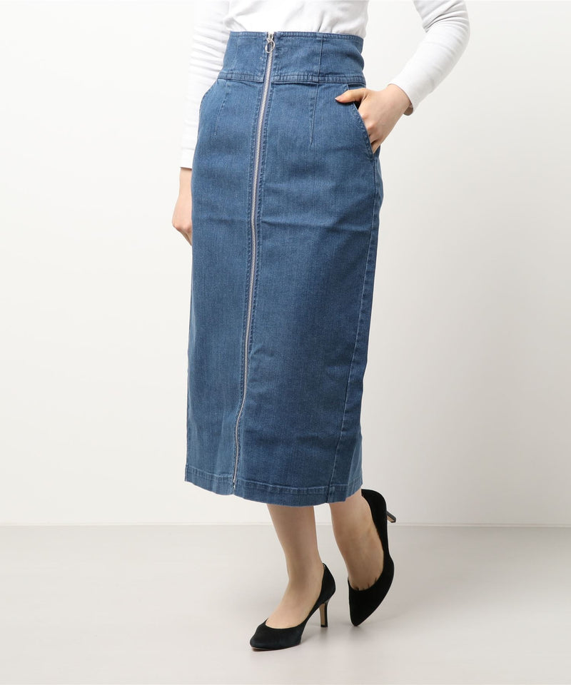 High-Waisted Zip-Front I-Line Denim Skirt in Denim Blue