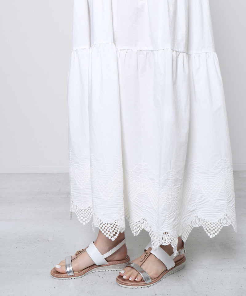 Lace-Hem Tiered Maxi Dress in White