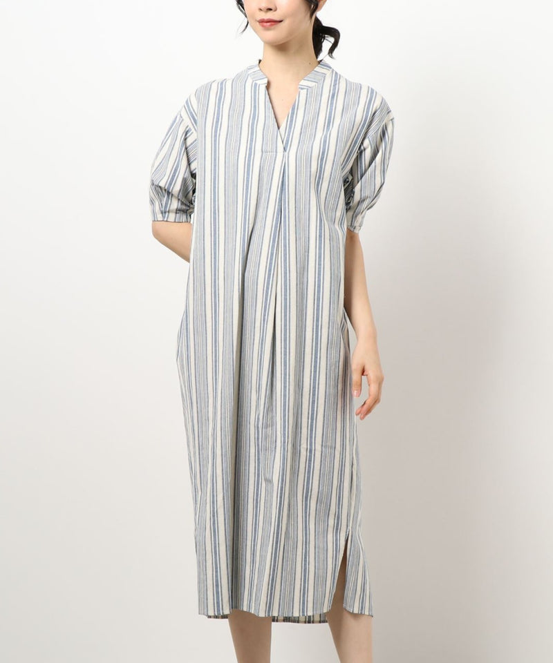 V-Neck Half-Sleeve Striped Midi Dress in Blue Stripe