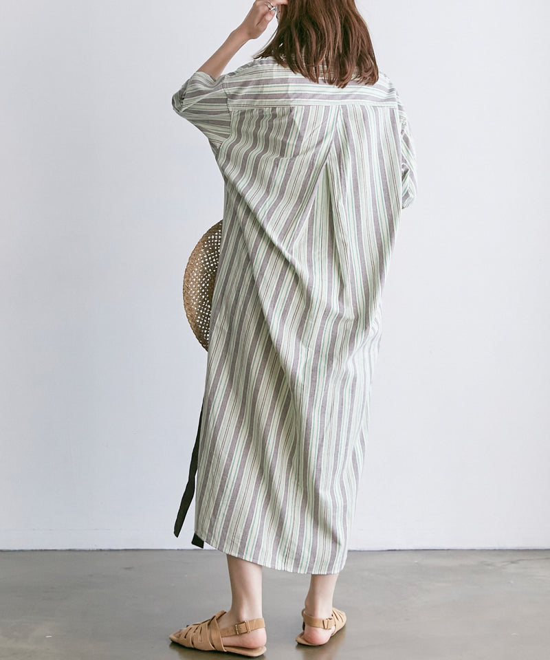 V-Neck Half-Sleeve Striped Midi Dress in Grey Stripe