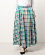 Plaid Flare Maxi Skirt with Elastic Waist in Green