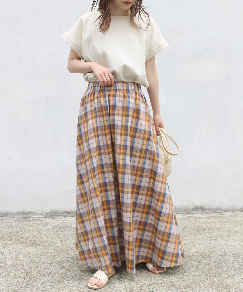 Plaid Flare Maxi Skirt with Elastic Waist in Brown