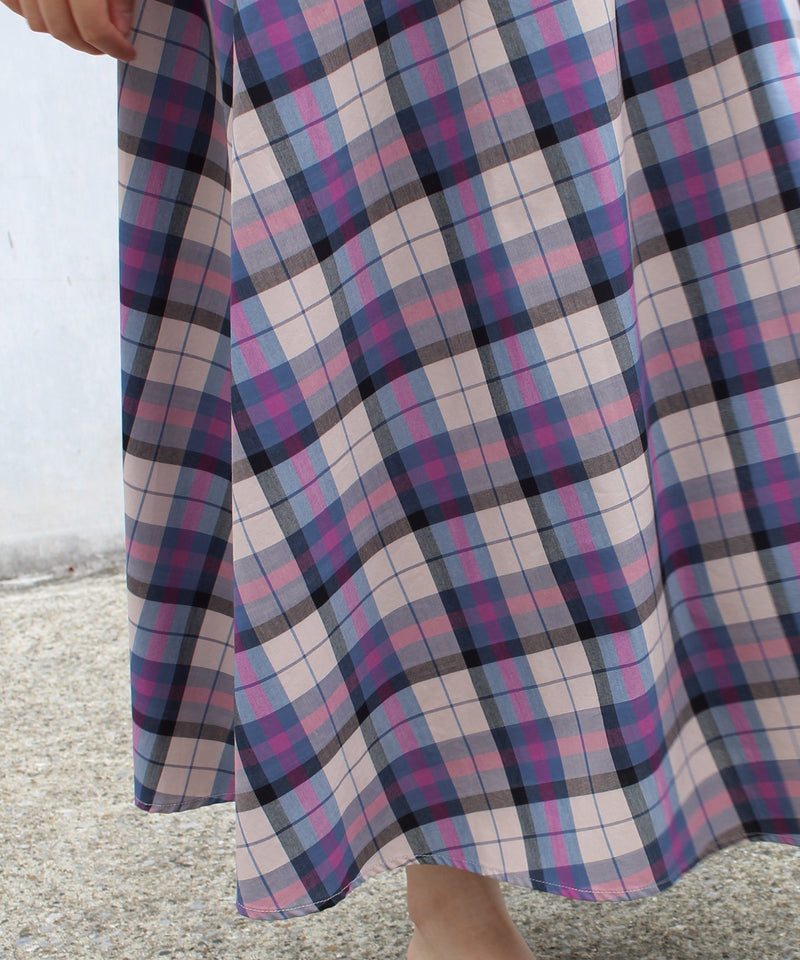 Plaid Flare Maxi Skirt with Elastic Waist in Blue