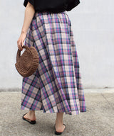 Plaid Flare Maxi Skirt with Elastic Waist in Blue