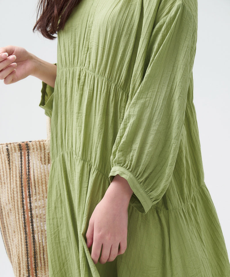 Shirred Flare Maxi Dress with Long Sleeves in Green
