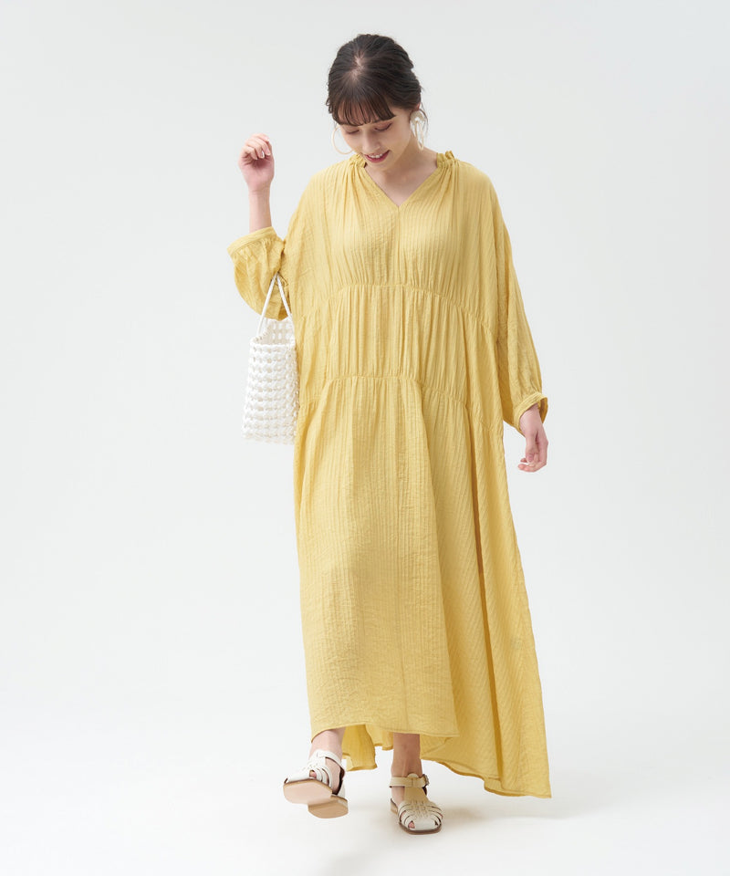 Shirred Flare Maxi Dress with Long Sleeves in Yellow