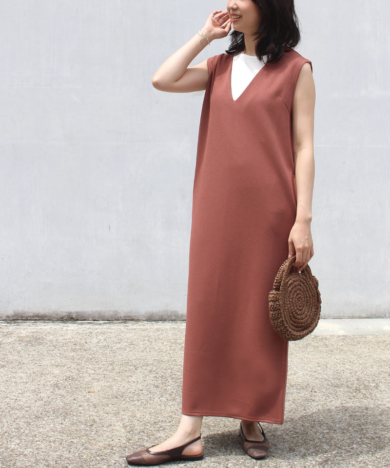 Sleeveless Deep V-Neck Maxi Dress with Back Slit in Brown
