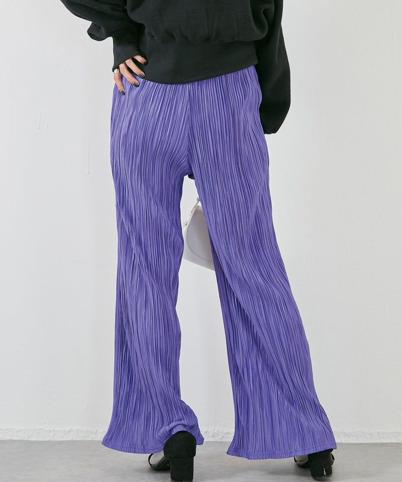 Elastic-Waist Plisse Pants in Purple