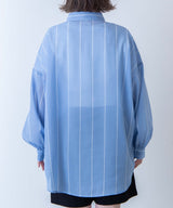 1-Pocket Puff-Sleeve Sheer Oversized Shirt in Blue Stripe