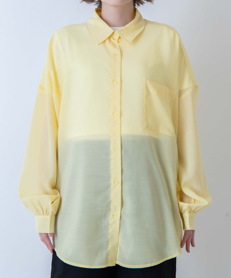 1-Pocket Puff-Sleeve Sheer Oversized Shirt in Yellow