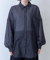 1-Pocket Puff-Sleeve Sheer Oversized Shirt in Black