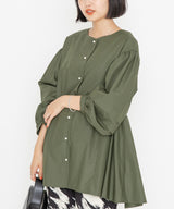 Pearl Button Gathered Blouse in Khaki Green