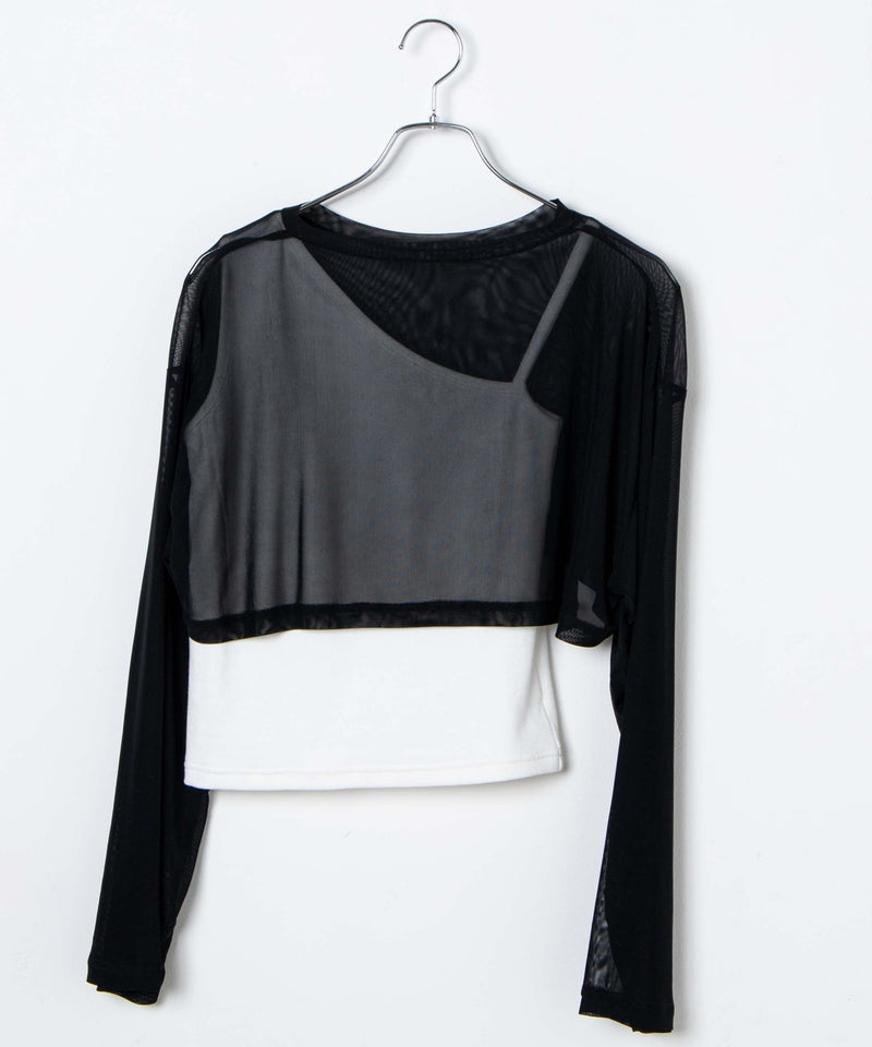 Sheer Round Neck Long Sleeve Top with Toga Tank Top in Black