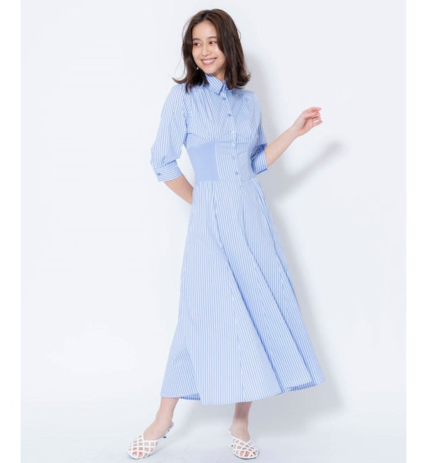 Striped Ribbed Lace-Up Waist Flare Shirtdress in Light Blue