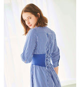 Striped Ribbed Lace-Up Waist Flare Shirtdress in Navy