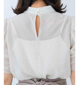 Polka-Dot Sheer High-Neck Ruched Sleeve Blouse in Off White