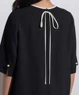 Contrast Piping Back Ribbon Dress in Black