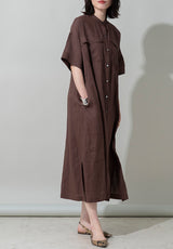 Band-Collar Belted Shirt Dress in Brown