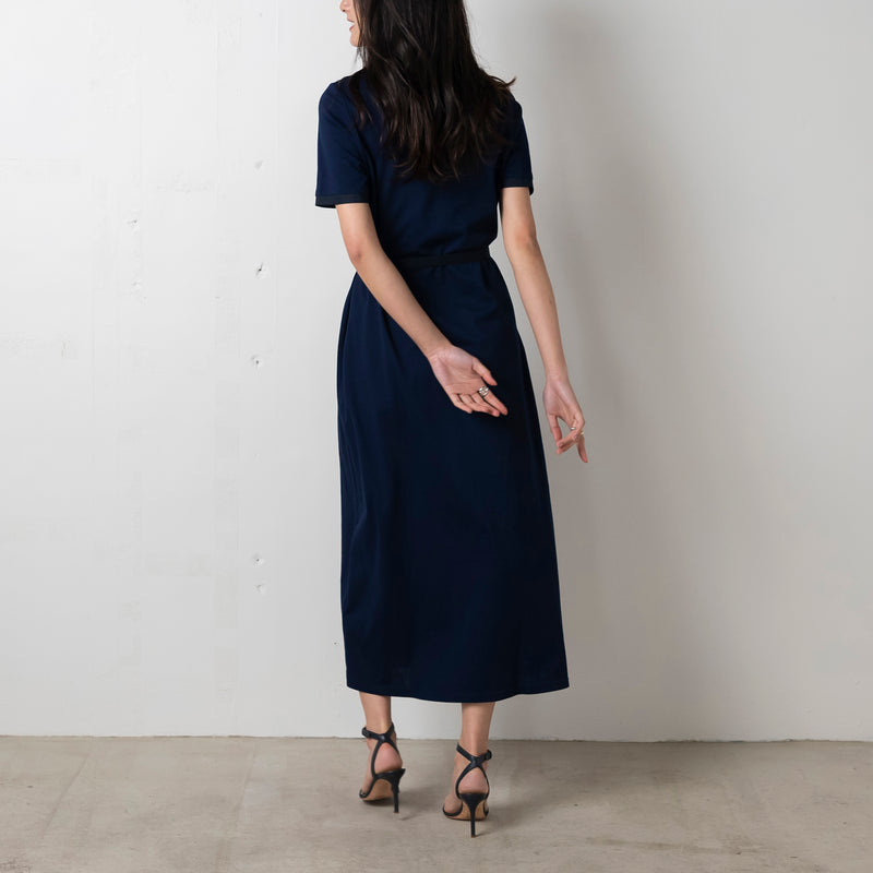 Pique Belted Polo Shirt Dress in Navy