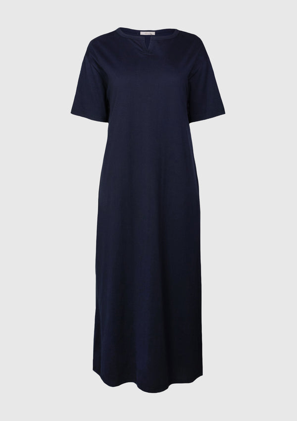 Short Sleeve Back-Slit Cotton Dress in Navy