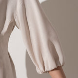 Half-Sleeve Gathered-Cuff Midi Dress in White