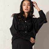 Fringed Pockets Button-Down Shirt in Black