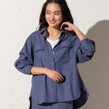 Fringed Pockets Button-Down Shirt in Blue