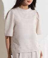 Band Collar Gathered Sleeve Blouse in White