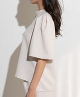 Band Collar Gathered Sleeve Blouse in White